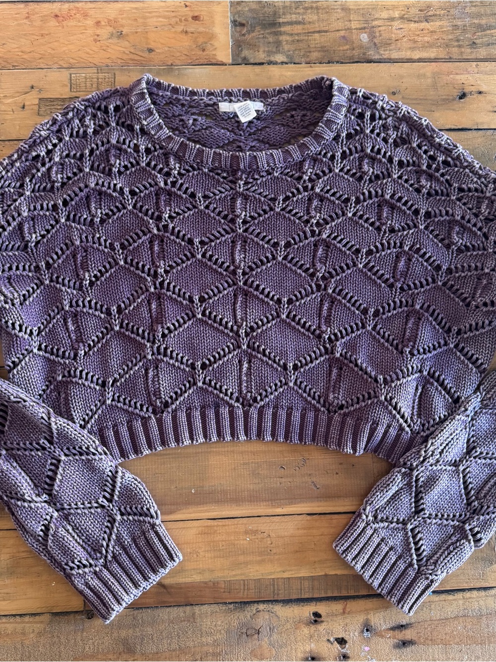 Full Tilt Open-Knit Cropped Crew Sweater